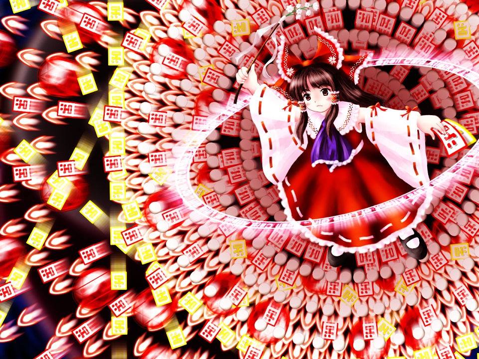 1girl, asayuba, attack, black_hair, bow, danmaku, detached_sleeves, dress, female, flower, gohei, hair_bow, hair_tubes, hakurei_reimu, long_hair, mary_janes, ofuda, phantasmagoria_of_flower_view, red, shoes, solo, spell_card, touhou