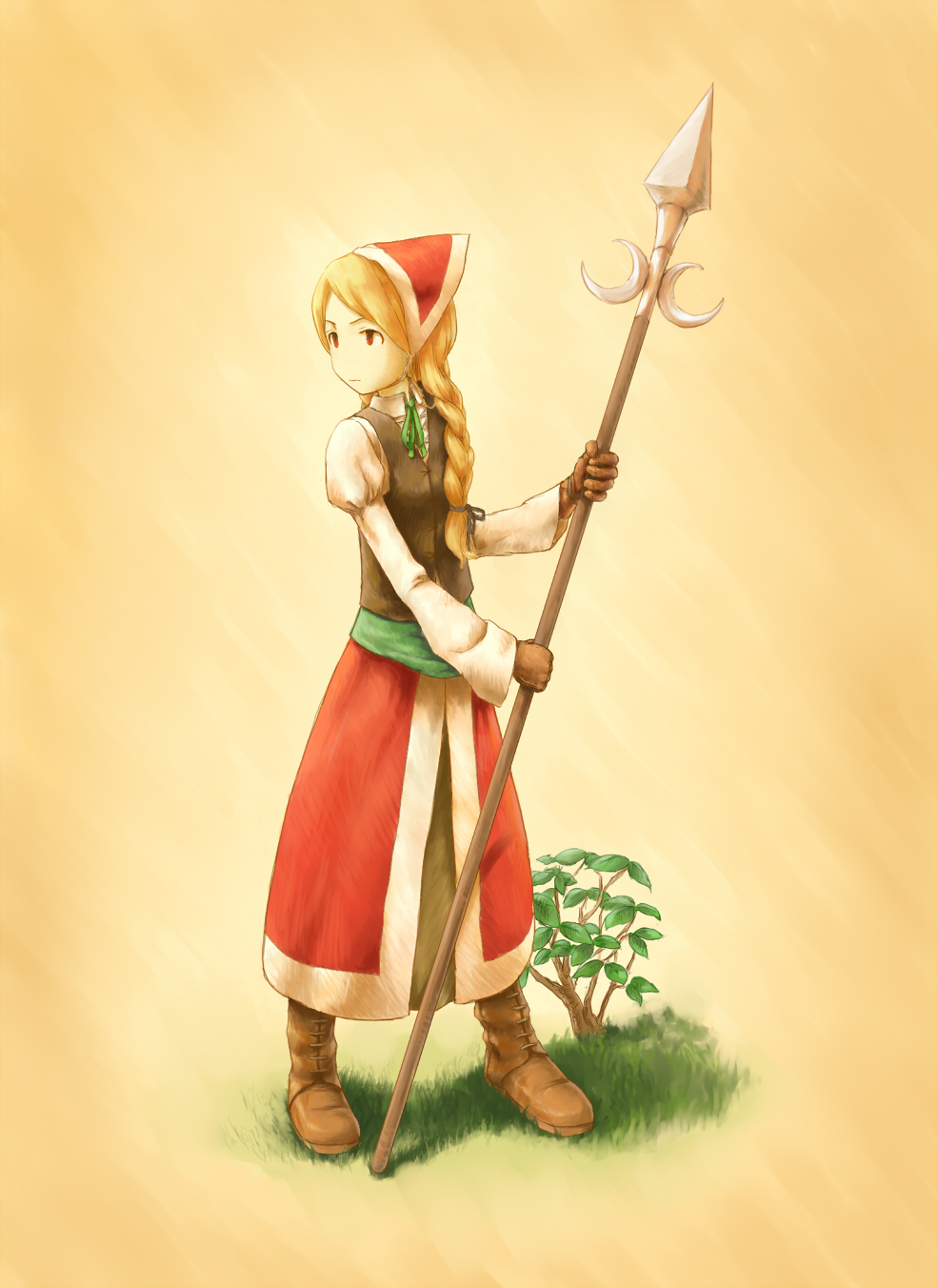1girl, bonnet, cordelia_(saga), cordelia_(saga_frontier_2), highres, kurumaebi, polearm, saga