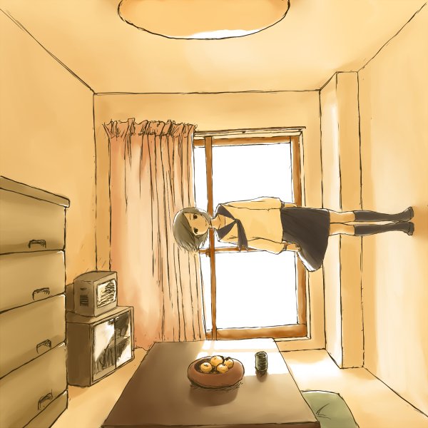 1girl, food, fruit, kurumaebi, living_room, orange, orange_(color), original