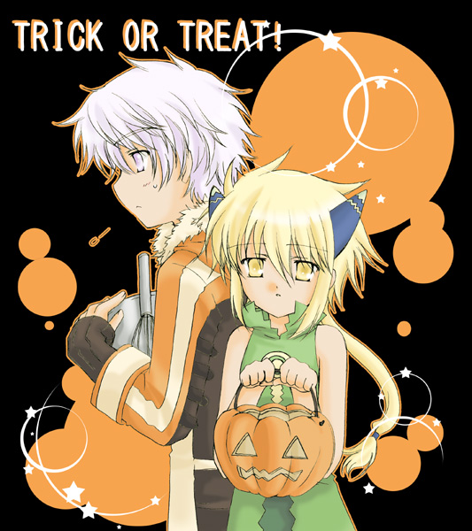1boy, 1girl, basket, black_gloves, coral_(summon_night), gloves, grey_eyes, halloween, holding, jack-o'-lantern, long_hair, long_sleeves, looking_at_viewer, pumpkin, rai, rai_(summon_night), silver_hair, summon_night, summon_night_4, trick_or_treat, upper_body, very_long_hair, yellow_eyes