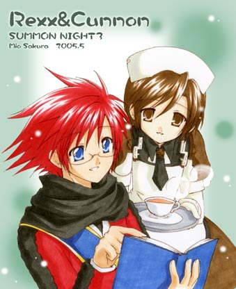 1boy, 1girl, blue_eyes, book, brown_eyes, brown_hair, cunnon, cup