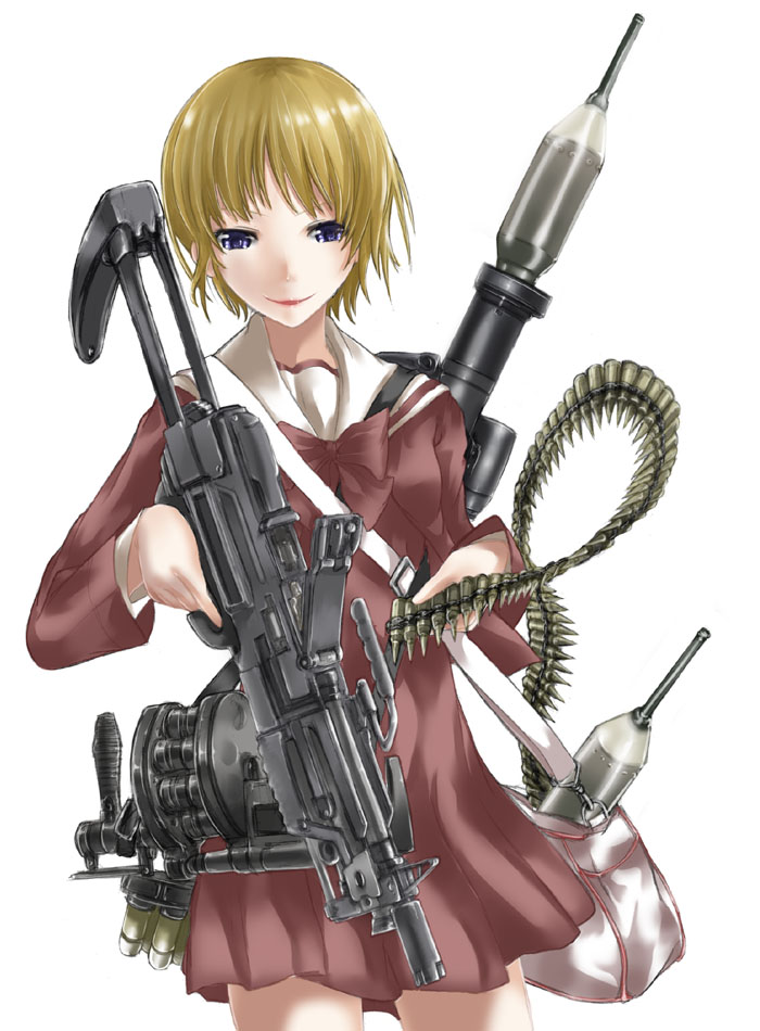 1girl, abubu, ammo_belt, ammunition_belt, blonde_hair, blue_eyes, grenade_launcher, gun