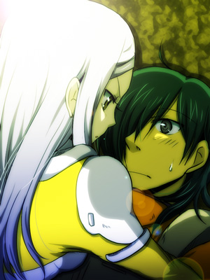 1boy, 1girl, allelujah_haptism, blush, bodysuit, brown_eyes, girl_on_top, green_eyes
