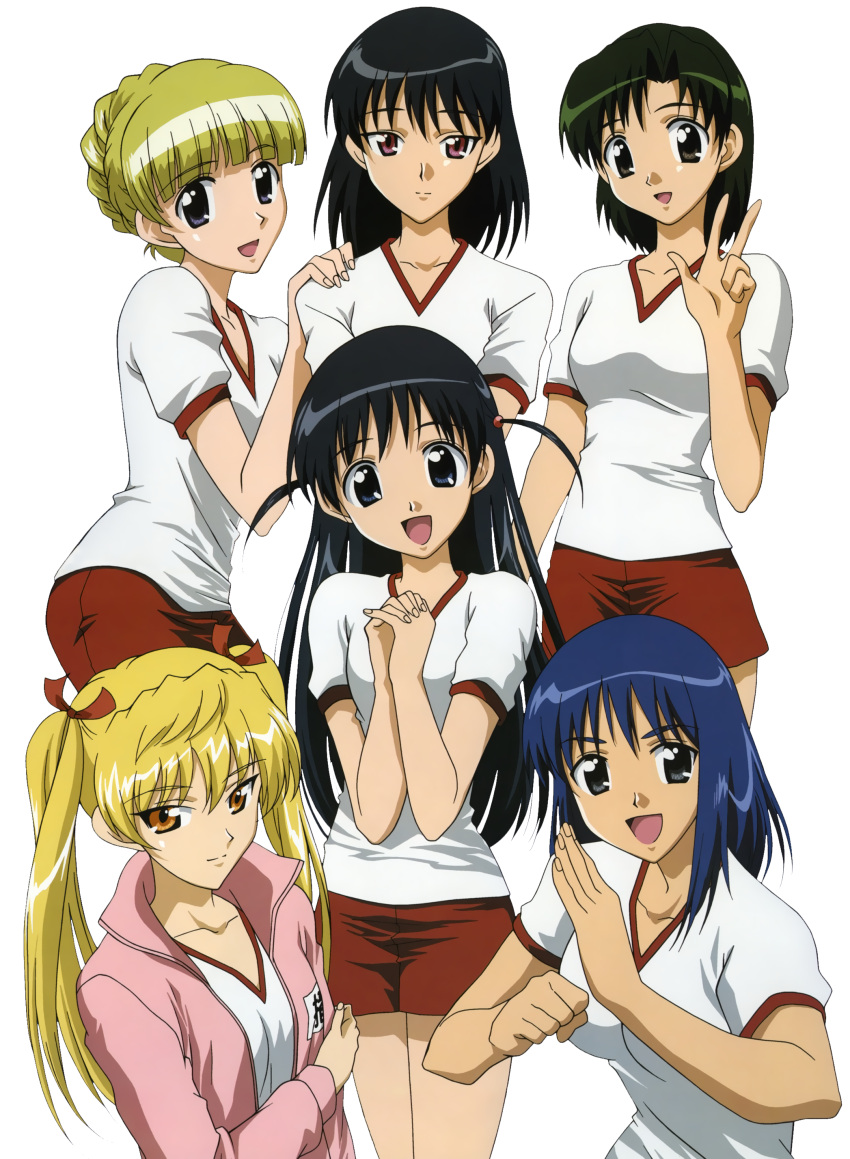 00s, 6+girls, :d, absurdres, arm_grab, bangs, black_eyes, black_hair