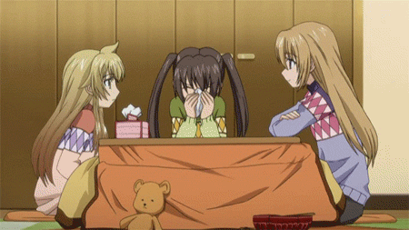 3girls, ahoge, animated, animated_gif, brown_eyes, brown_hair, fujioka-kuma, lowres
