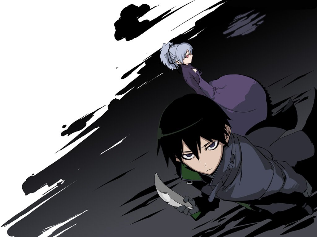 1boy, 1girl, black_gloves, black_hair, closed_mouth, coat, darker_than_black, dress