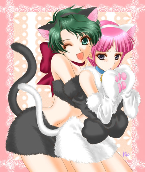 2girls, animal_ears, aya_kobayashi, banpresto, cat_ears, cosplay, green_eyes, green_hair