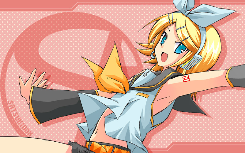 1girl, :d, arm_warmers, armpits, bangs, belt, black_shorts, blonde_hair