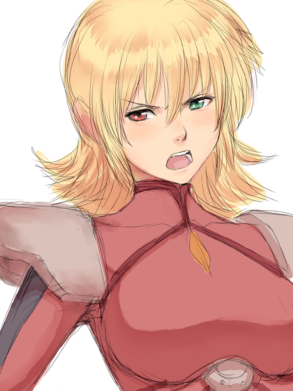 1girl, banpresto, blonde_hair, blush, breasts, fumio_(rsqkr), green_eyes, heterochromia