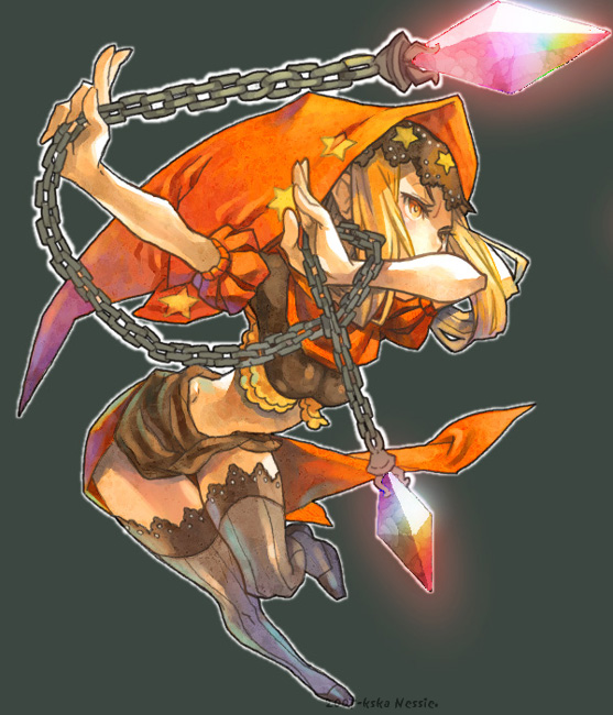 1girl, bad_id, blonde_hair, hood, nessie, nessie_(kska), odin_sphere, orange_eyes