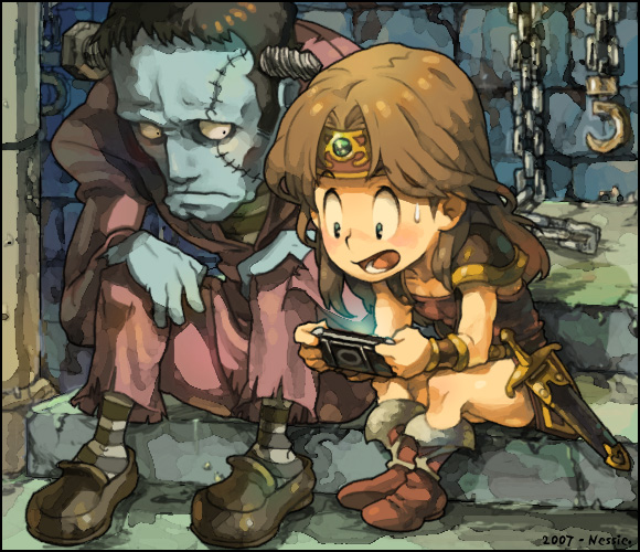 2boys, armor, bad_id, bolt, castlevania, chains, chibi, frankenstein