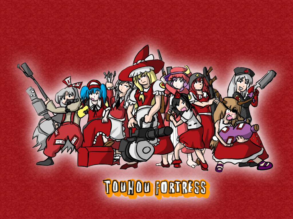 crossover, fujiwara_no_mokou, hong_meiling, ibuki_suika, izayoi_sakuya, kawashiro_nitori, kirisame_marisa, parody