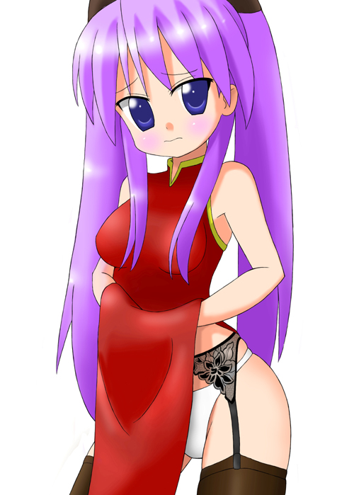 bare_shoulders, blue_eyes, blush, china_dress, chinese_clothes, dress, embarrassed, garter_belt