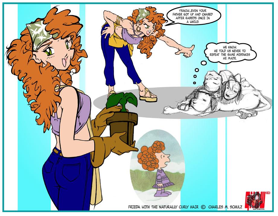 1girl, anime_style, apron, bandanna, bent_over, crop_top, curly_hair, dog, earrings, frieda, gloves, gnaw, green_eyes, hoop_earrings, jewelry, long_hair, peanuts, platform_footwear, puppy, redhead, snoopy