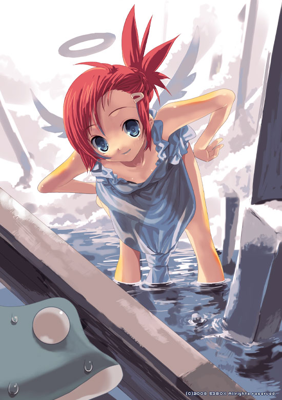 1girl, angel_wings, bare_legs, bare_shoulders, blue_dress, blush, collarbone, dated, downblouse, dress, flat_chest, floating_object, hair_ornament, hairclip, halo, hands_on_hips, leaning_forward, looking_at_viewer, original, partially_submerged, pond, redhead, ruins, sango_(53box), side_ponytail, solo, standing, wading, water, wet, wet_clothes, wet_dress, wings