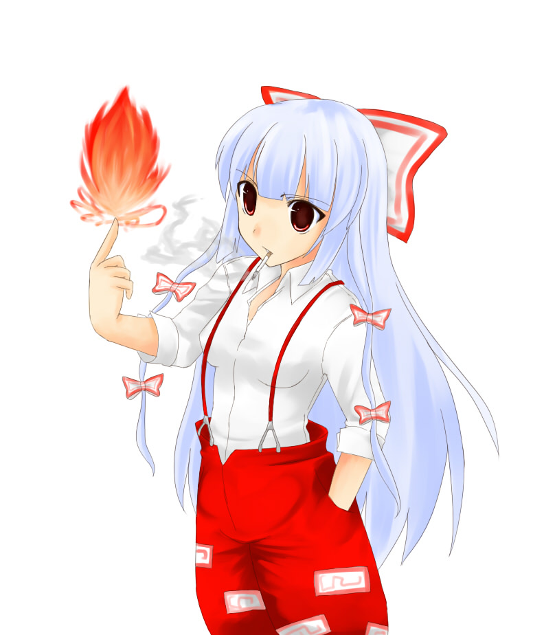 cigarette, element_bender, female, fire, fujiwara_no_mokou, hair_ribbon, long_hair, ribbon