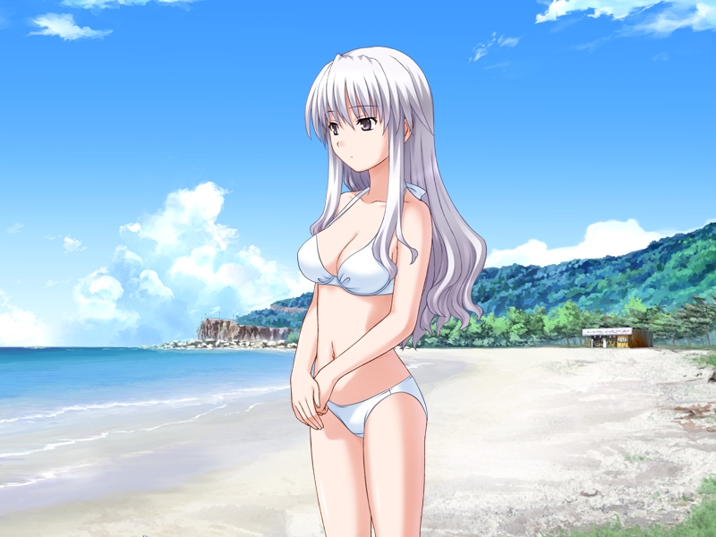 bikini, black_eyes, breasts, cleavage, game_cg, long_hair, misaki_ryou, navel