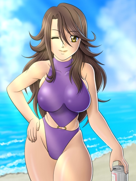 1girl, alcohol, beach, beer, breasts, can, casual_one-piece_swimsuit, gundam
