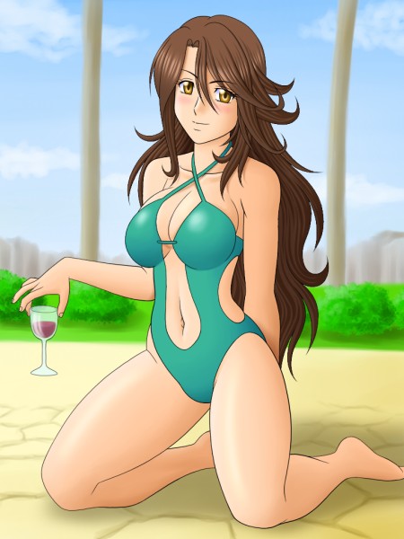 1girl, alcohol, blush, breasts, casual_one-piece_swimsuit, gundam, gundam_00, hall