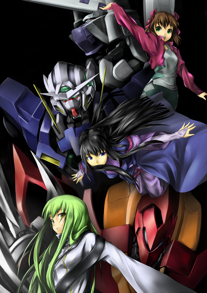 3girls, amami_haruka, armor, black_hair, brown_hair, c.c., code_geass, dress