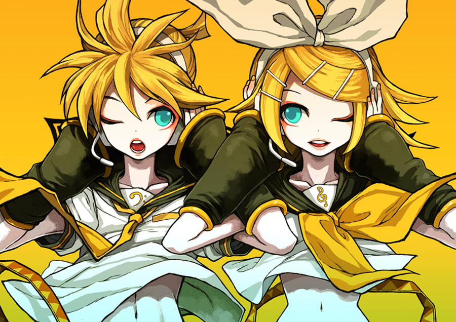 1boy, 1girl, brother_and_sister, hands_on_headphones, headphones, headset, kagamine_len, kagamine_rin