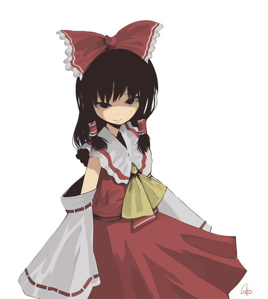 1girl, black_hair, bow, detached_sleeves, expressionless, female, grey_background, hair_bow