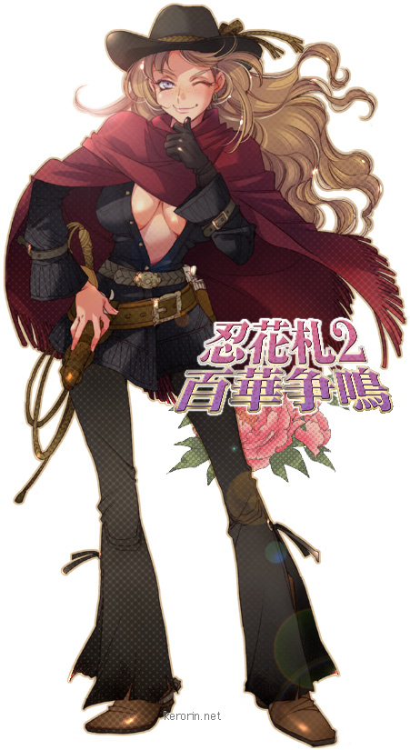 1girl, boots, brown_hair, chaps, cowboy_hat, fringe, full_body, hat, holster, kerorin, long_hair, no_bra, one_eye_closed, open_clothes, open_shirt, original, poncho, shinobi_hanafuda, shinobi_hanafuda_2_hyakka_soumei, shirt, simple_background, smile, solo, western, whip, yurii_(shinobi_hanafuda)