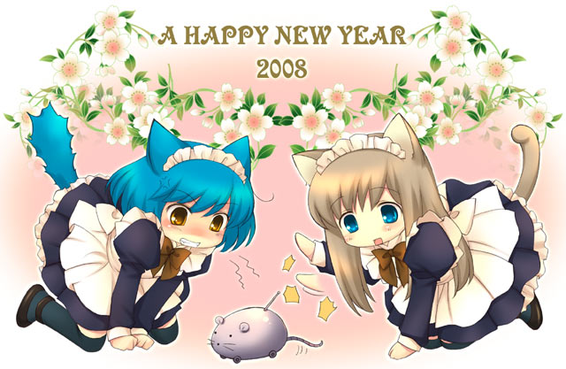 :d, animal_ears, blonde_hair, blue_hair, cat_ears, cat_tail, lugosi_ela, maid