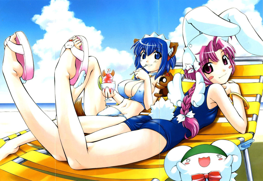 00s, 2girls, animal_ears, beach, bikini, blue_eyes, blue_hair, blush