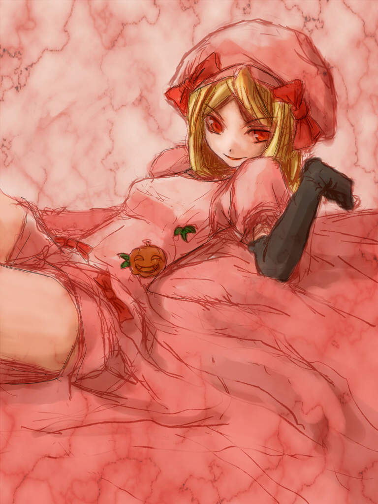 1girl, beret, blonde_hair, elbow_gloves, gloves, hat, kuronuko_neero, lambdadelta, lying, pink, red_eyes, ribbon, ribons, short_hair, umineko_no_naku_koro_ni