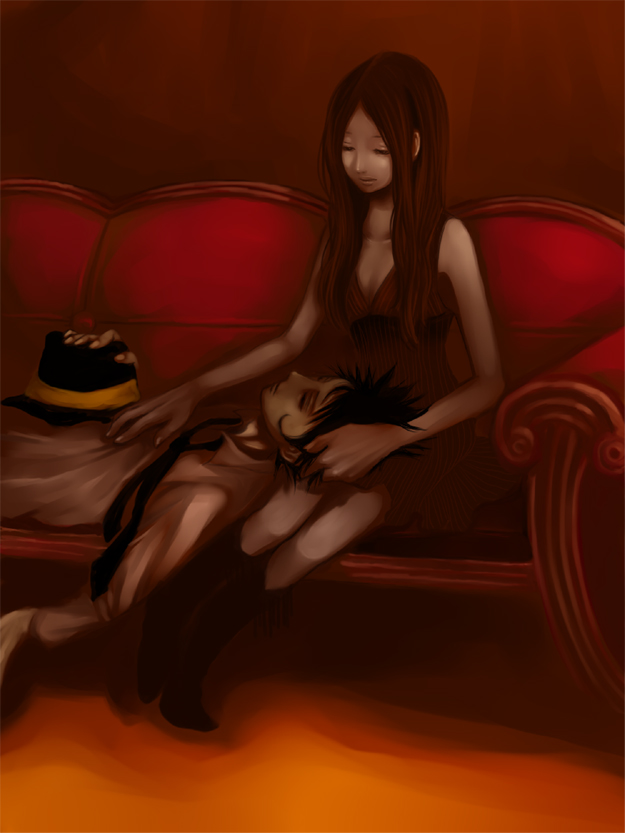 1boy, 1girl, 3_degrees_celsius, bad_id, bianchi, breasts, cleavage, couch