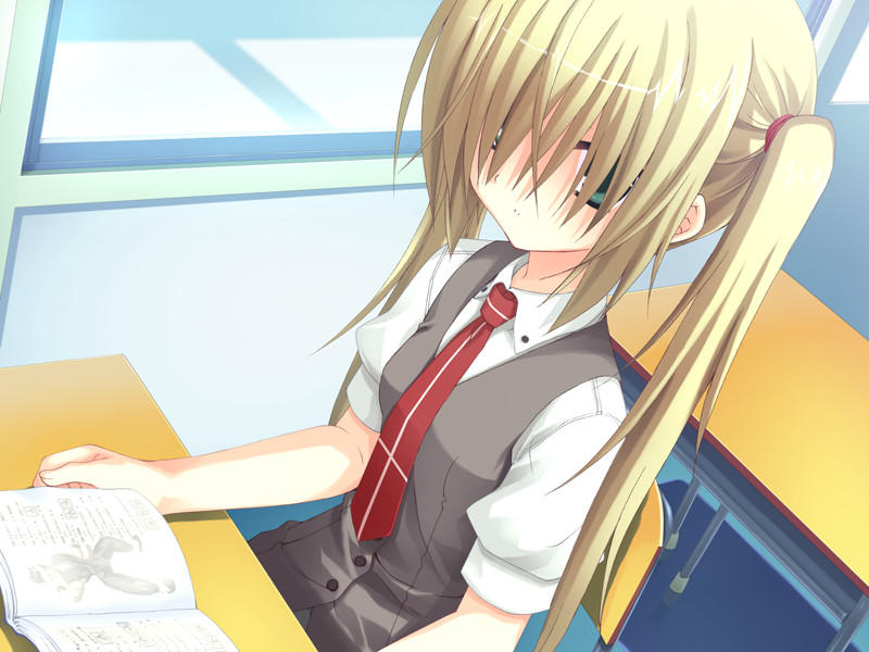 1girl, bangs, blonde_hair, book, chair, classroom, desk, empty_x_embryo
