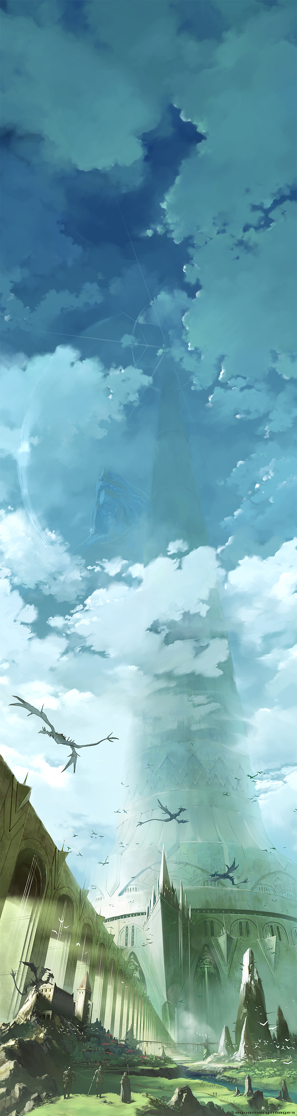 3boys, absurdres, aquamary, bridge, clouds, dragon, fantasy, highres