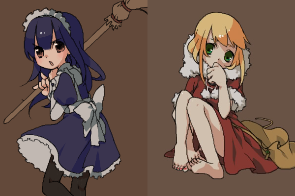 2girls, alice_(ragnarok_online), angry, bad_id, barefoot, blonde_hair, blue_hair, broom, brown_eyes, chepet, coat, dress, feet, fur, green_eyes, head_tilt, iruha, long_hair, looking_back, maid, maid_headdress, multiple_girls, nail_polish, pantyhose, ragnarok_online, ribbon, sitting, toenail_polish
