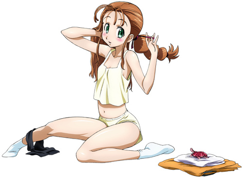 1girl, blush, braid, brown_hair, camisole, flat_chest, footwear, green_eyes