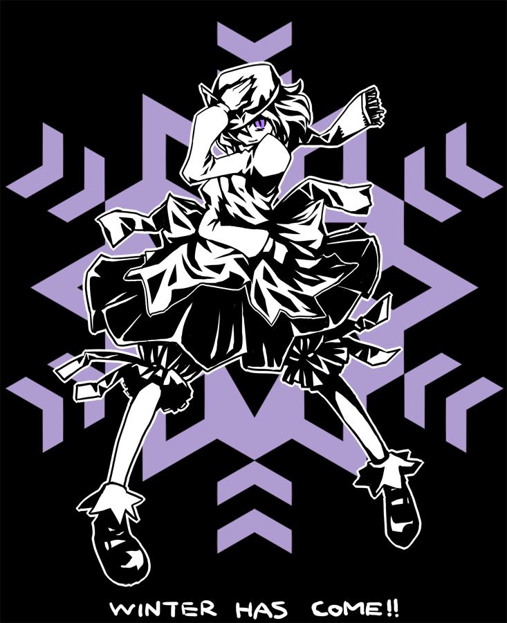 1girl, female, letty_whiterock, monochrome, purple, snowflakes, solo, spot_color