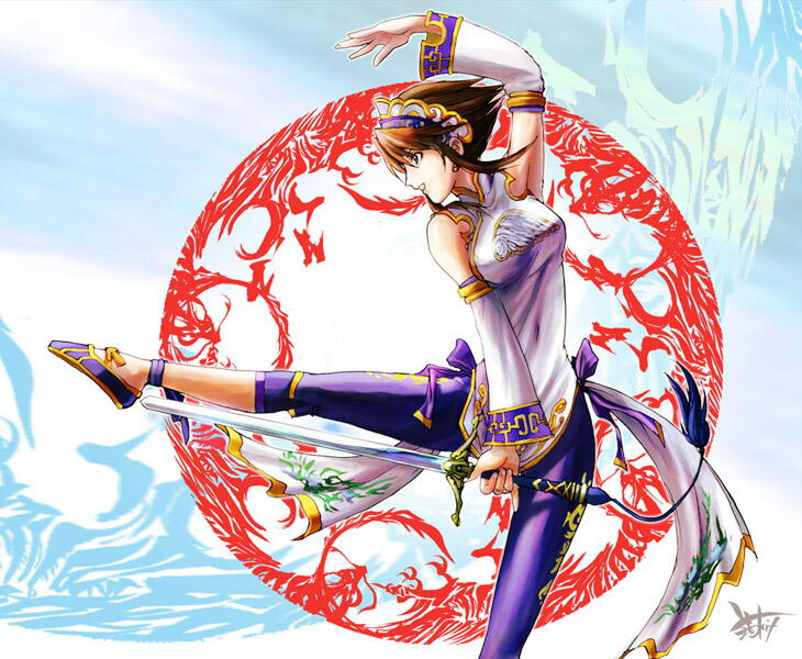 1girl, breasts, brown_eyes, brown_hair, chai_xianghua, detached_sleeves, fighting_stance, flats