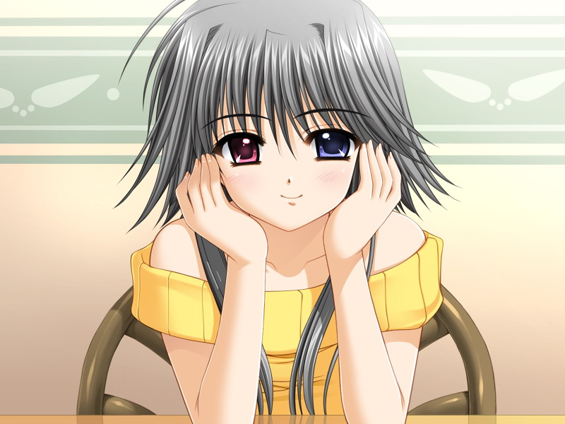 1girl, bare_shoulders, black_hair, game_cg, heterochromia, mayumi_thyme, nishimata_aoi, really?_really!