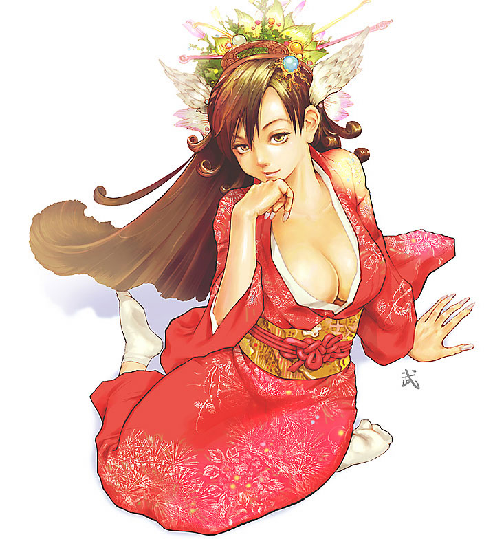 1girl, breasts, brown_hair, cleavage, footwear, japanese_clothes, kimono, large_breasts