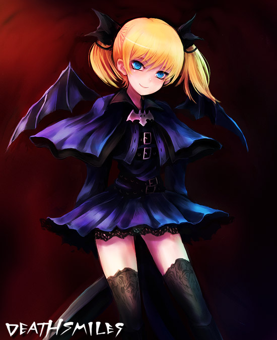 1girl, bat_wings, black_legwear, blonde_hair, blue_eyes, casper_(deathsmiles), cave_(developer), deathsmiles
