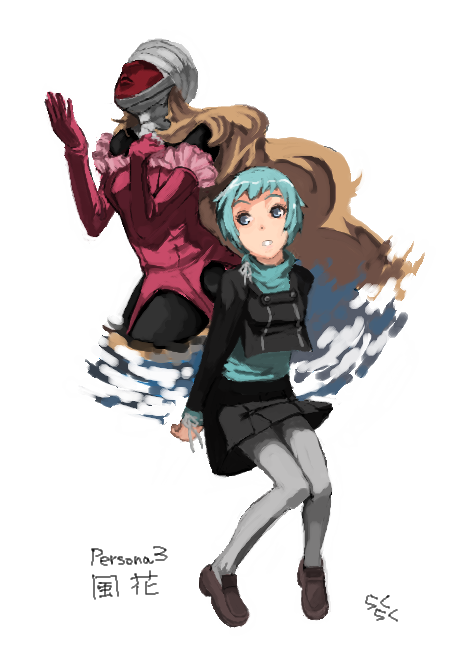 aqua_hair, atlus, bandage, blonde_hair, elbow_gloves, gloves, loafers, long_hair, lucia_(persona), pantyhose, persona, persona_3, rkrk, school_uniform, serafuku, shoes, very_long_hair, white_legwear, yamagishi_fuuka