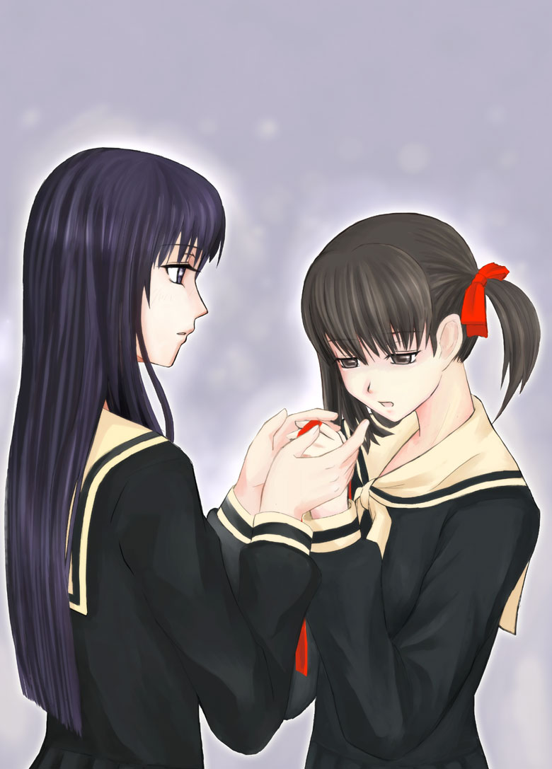 00s, 2girls, brown_eyes, brown_hair, from_side, fukuzawa_yumi, hair_ribbon, half-closed_eyes, hand_holding, long_sleeves, maria-sama_ga_miteru, multiple_girls, neckerchief, nyurupon, ogasawara_sachiko, profile, red_ribbon, ribbon, sailor_collar, school_uniform, serafuku, twintails, yuri