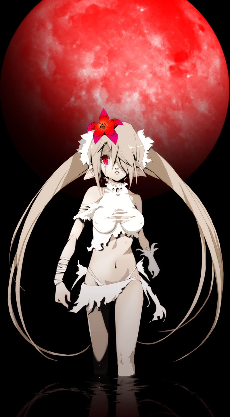 1girl, breasts, cleavage_cutout, erect_nipples, flower, full_moon, grey_hair, hair_flower