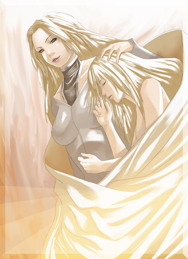 2girls, bed, blonde_hair, clare_(claymore), claymore, multiple_girls, sleeping, teresa