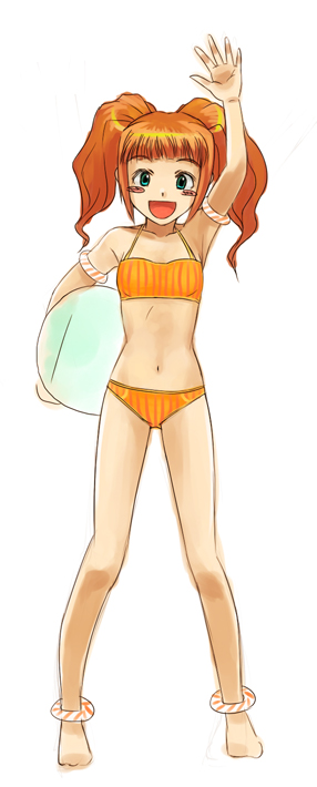 1girl, aqua_eyes, armpits, ball, barefoot, beachball, bikini, flat_chest