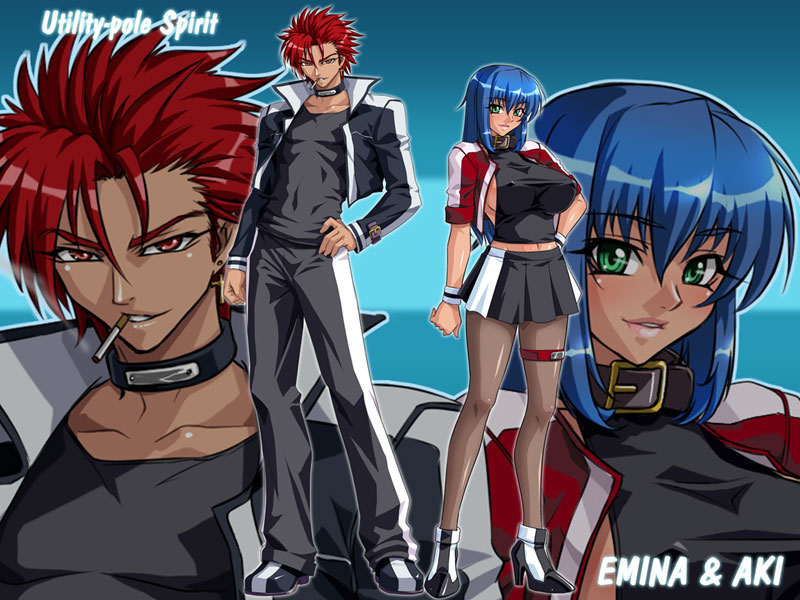 1boy, 1girl, 800x600, aki_(emina&amp;aki), blue_hair, breasts, character_name, cigarette