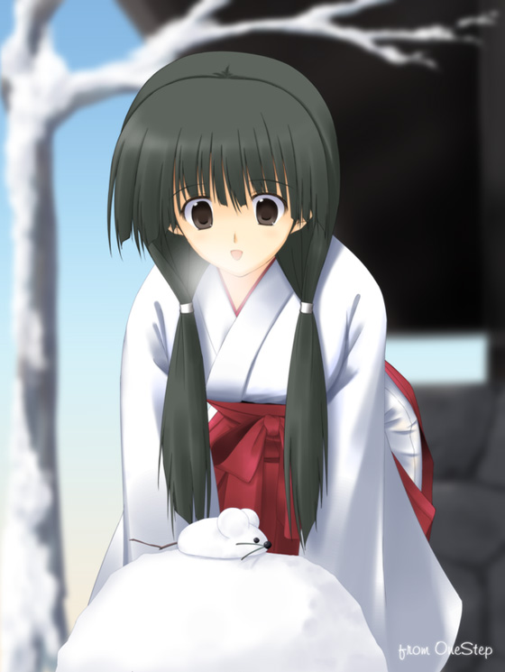 1girl, :d, bangs, bare_tree, black_eyes, black_hair, blurry, breath, cowboy_shot, depth_of_field, hair_over_shoulder, hakama, japanese_clothes, kimono, leaning_forward, long_hair, long_sleeves, looking_down, low_twintails, miko, mouse, new_year, open_mouth, original, red_hakama, smile, snow, snow_bunny, snow_mouse, solo, tree, twintails, wide_sleeves, winter, zenzen, zenzen_(onestep)
