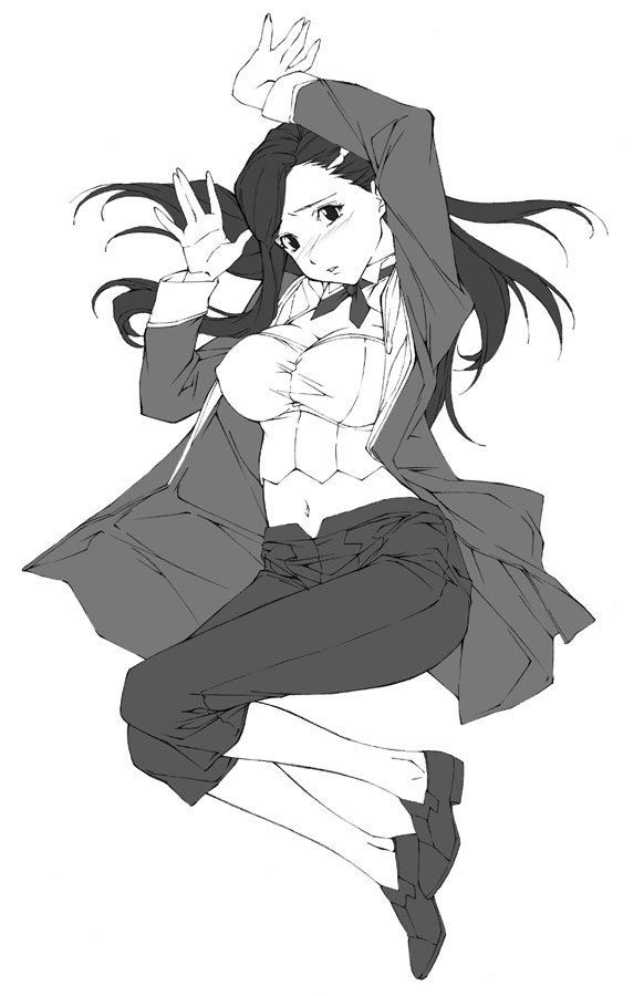 1girl, arms_up, blush, breasts, cleavage, crop_top, embarrassed, erect_nipples