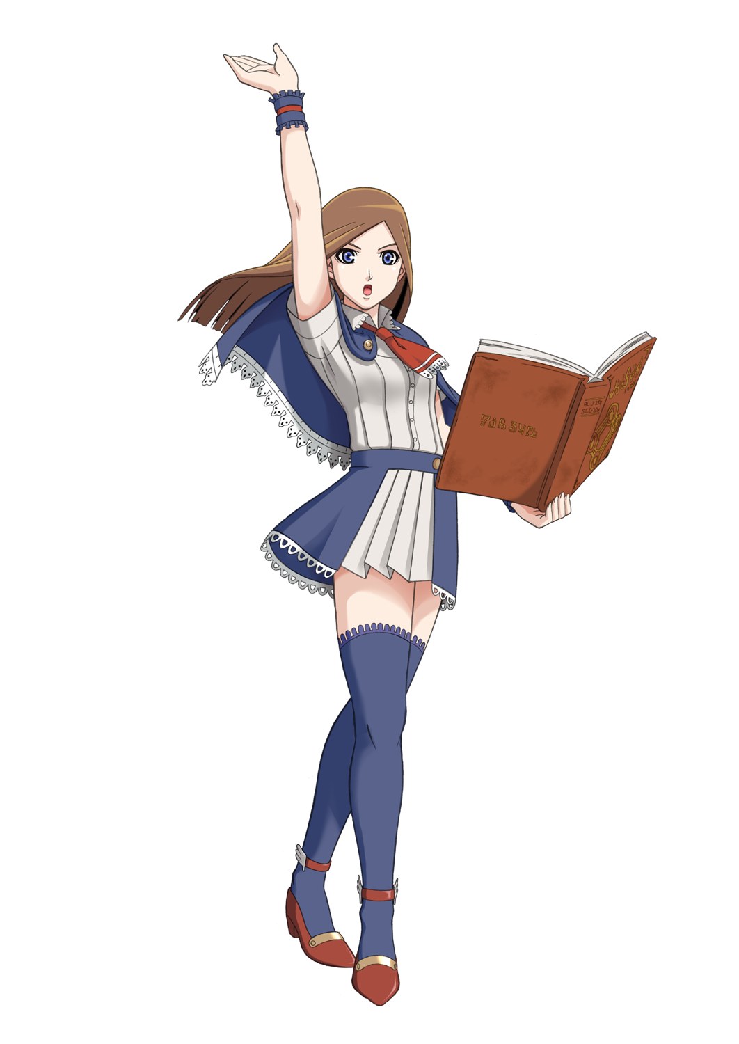 1girl, arm_up, baba_ryuuichi, blue_eyes, blue_legwear, book, breasts, brown_hair, capelet, castlevania, castlevania:_portrait_of_ruin, charlotte_aulin, eyebrows, eyelashes, female, full_body, high_heels, highres, legs_crossed, long_hair, necktie, official_art, open_mouth, pleated_skirt, shoes, simple_background, skirt, solo, standing, thigh-highs, white_background, zettai_ryouiki