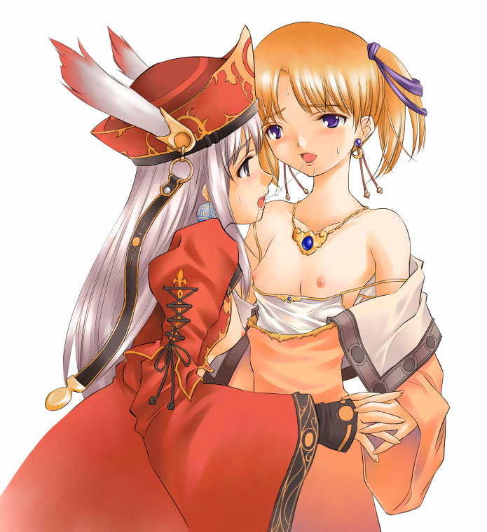 2girls, alchemist, atelier_(series), atelier_judie, bare_shoulders, black_eyes, breasts, earrings
